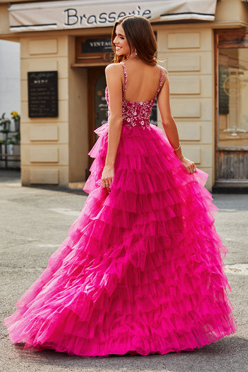 Splendido A Line Spaghetti Straps Fucsia Abito Lungo Prom con Appliques Volant